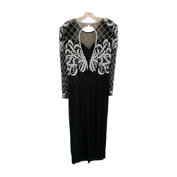 Beaded Silk Laurence Kazar Evening Gown Size Medium STUNNING Dress! Black White - Picture 7 of 9